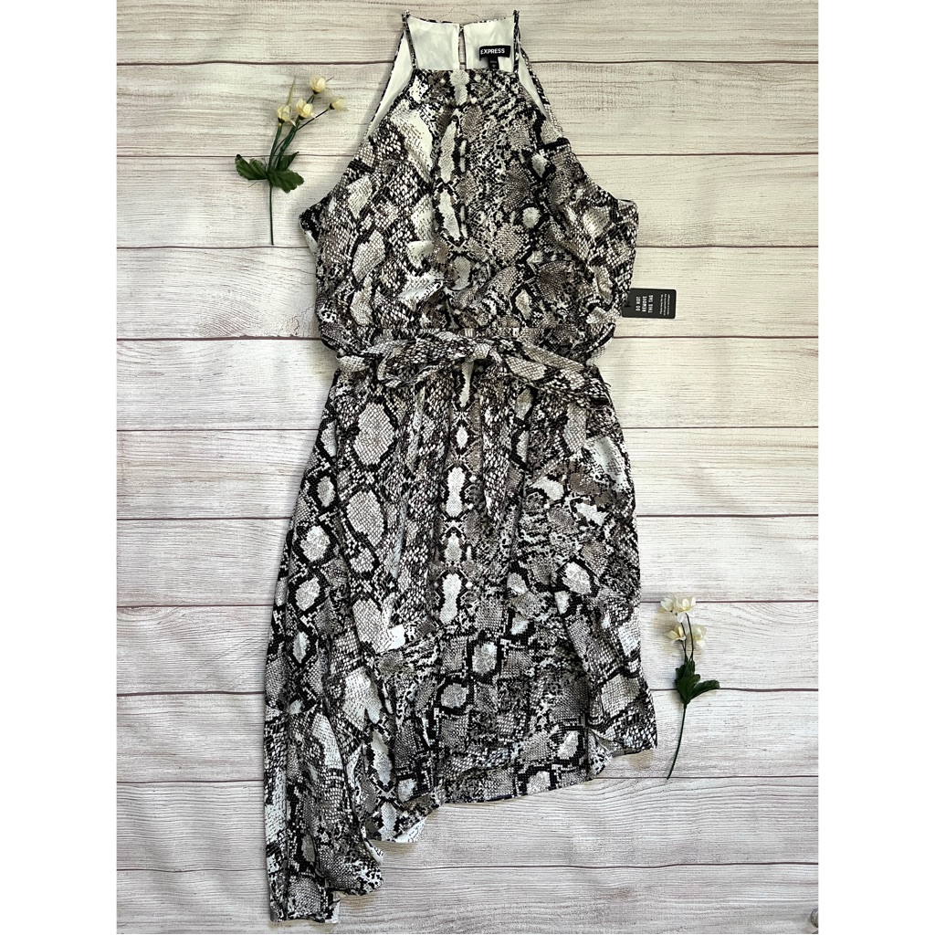 Express Snakeskin Asymmetrical Ruffle Wrap Midi Dress